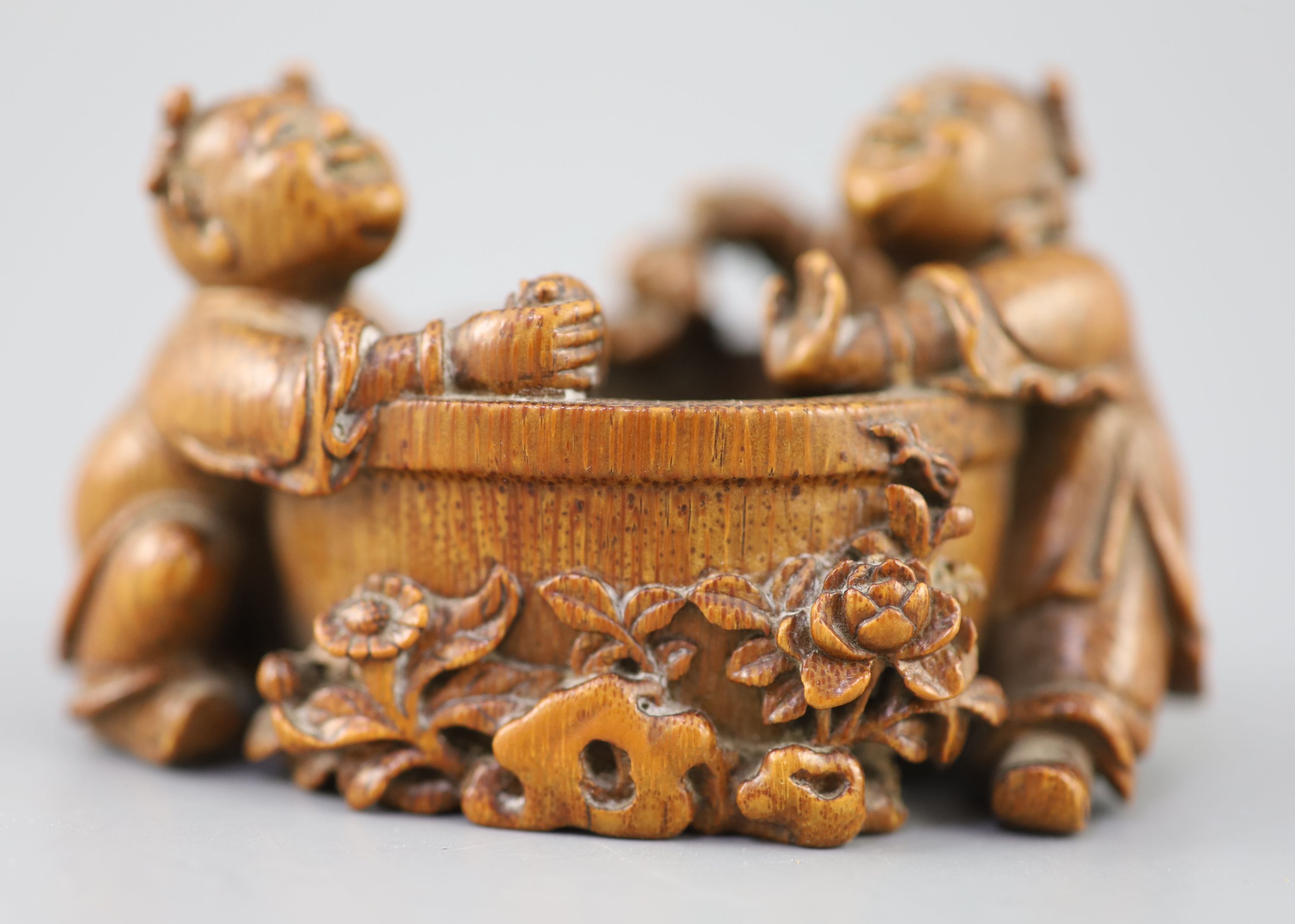 A fine and rare Chinese bamboo-root boys and fish bowl brush washer, 18th/19th century,